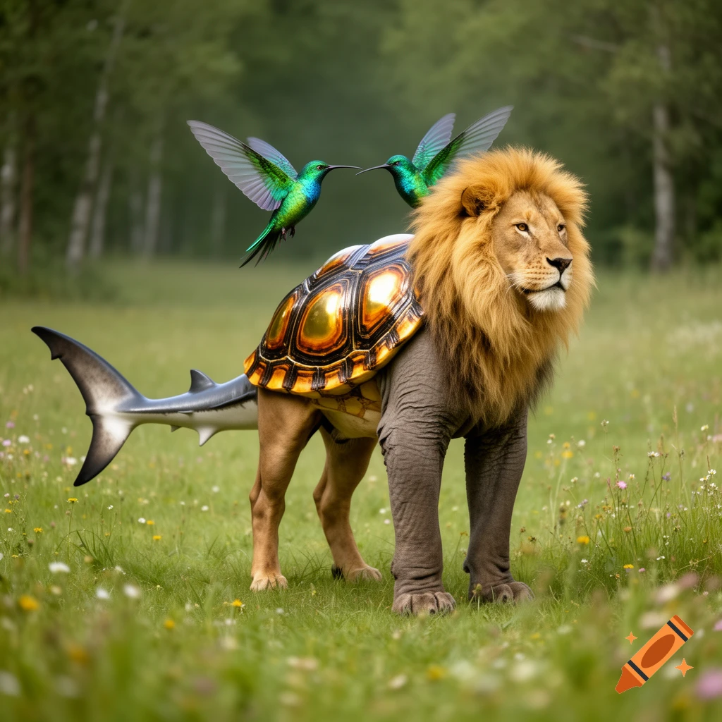 A fantastic hybrid creature with a lion's head, turtle shell body, shark tail, elephant-like front legs, and horse-like back legs, with two hummingbirds flying above its back in a grassy field.