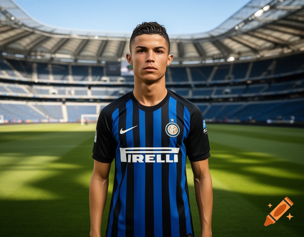 A photorealistic portrait of Cristiano Ronaldo wearing an Inter Milan football jersey in a stadium.