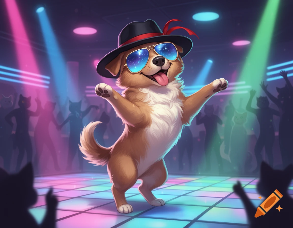 A happy cartoon dog in a fedora and aviator sunglasses dances on hind legs in a neon-lit retro nightclub with silhouettes of other pets.