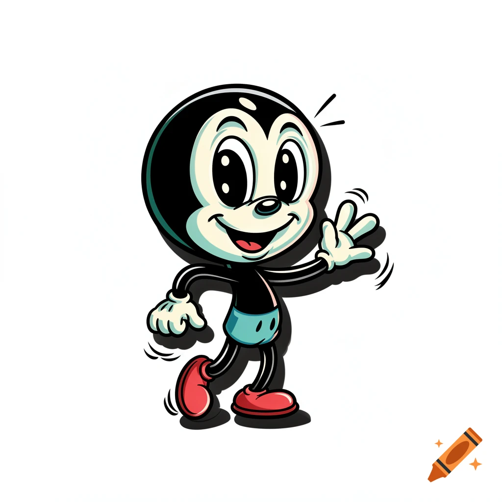 A retro rubber hose cartoon character with a black body, white face, red shoes, and blue shorts waves cheerfully.