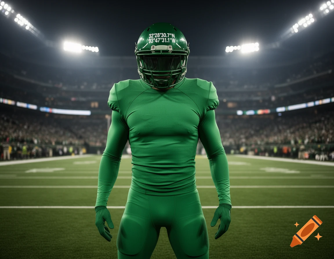 A photorealistic image of a football player in an all-green uniform and helmet, standing on a football field under stadium lights at night.