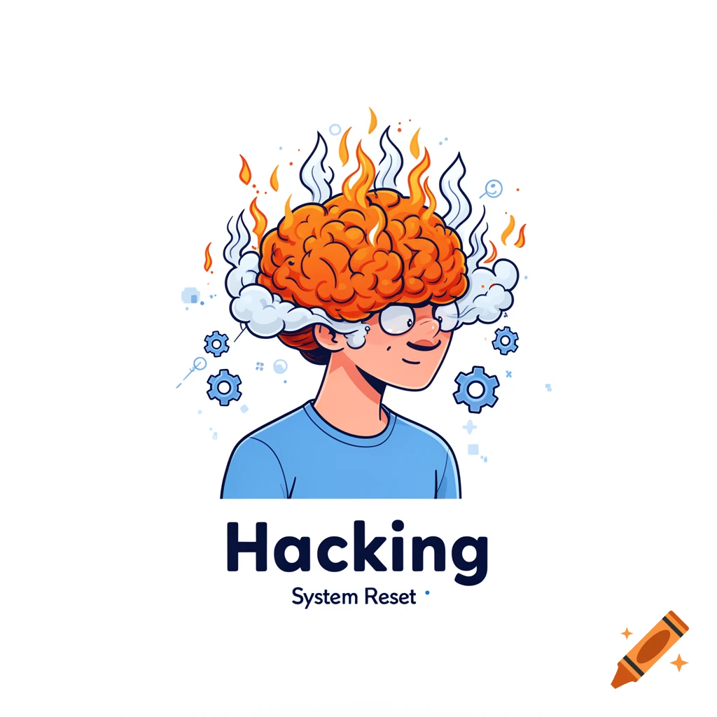 Vector illustration of a person with an overheated, flaming brain smoking, captioned 'Hacking System Reset', in a clean flat style.