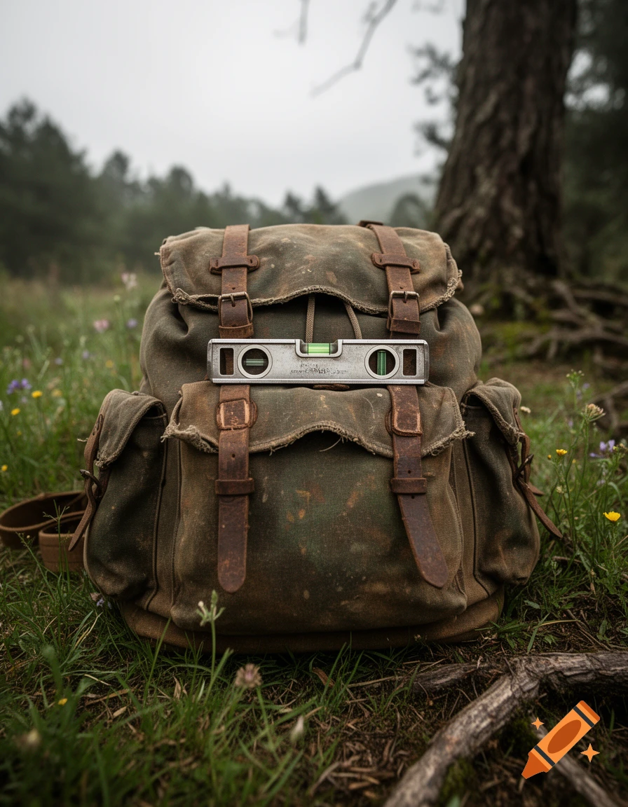 An old, worn canvas backpack with leather straps lies on grass in a forest, with a silver spirit level resting horizontally on top.