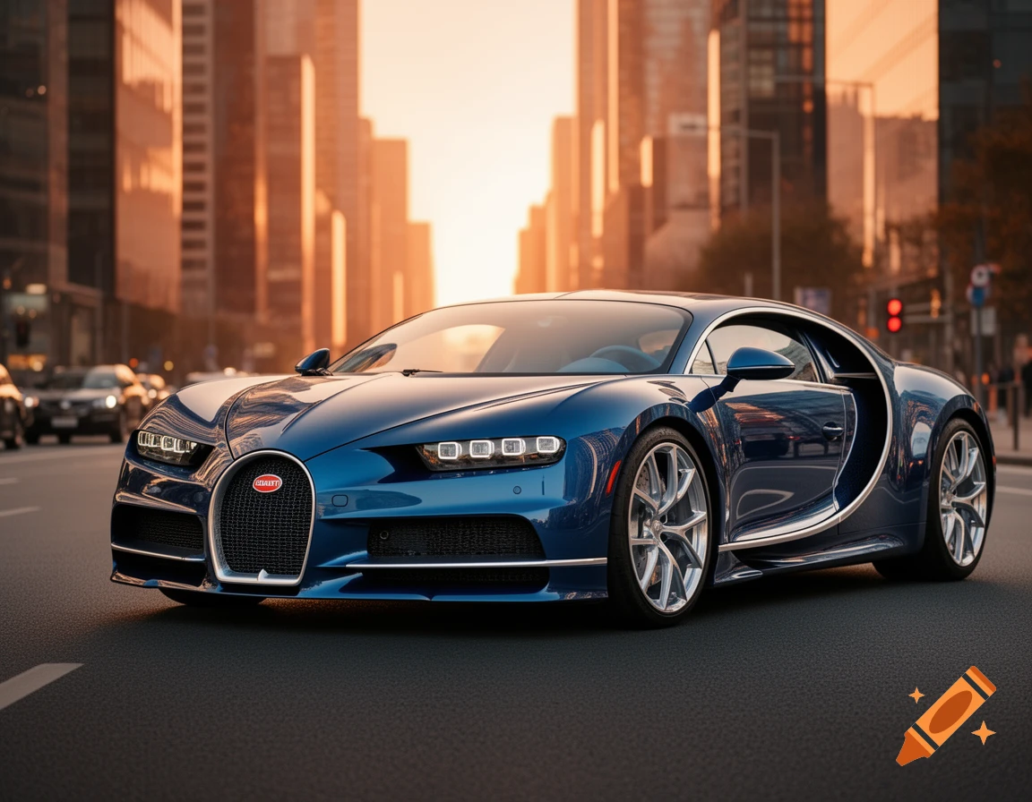 A sleek blue Bugatti Chiron sports car parked on an asphalt street with a blurred city skyline at sunset.