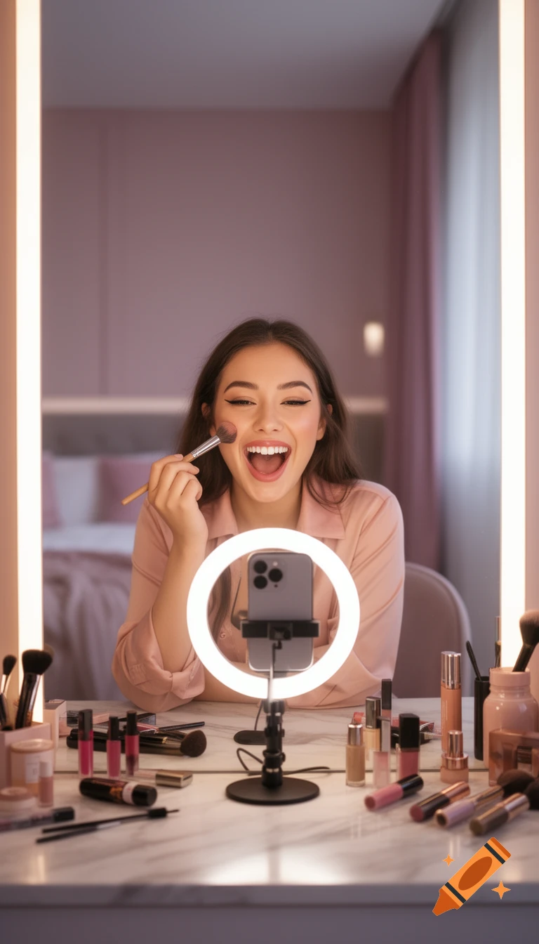 A smiling woman records a video with a smartphone and ring light while applying blush at a makeup vanity.