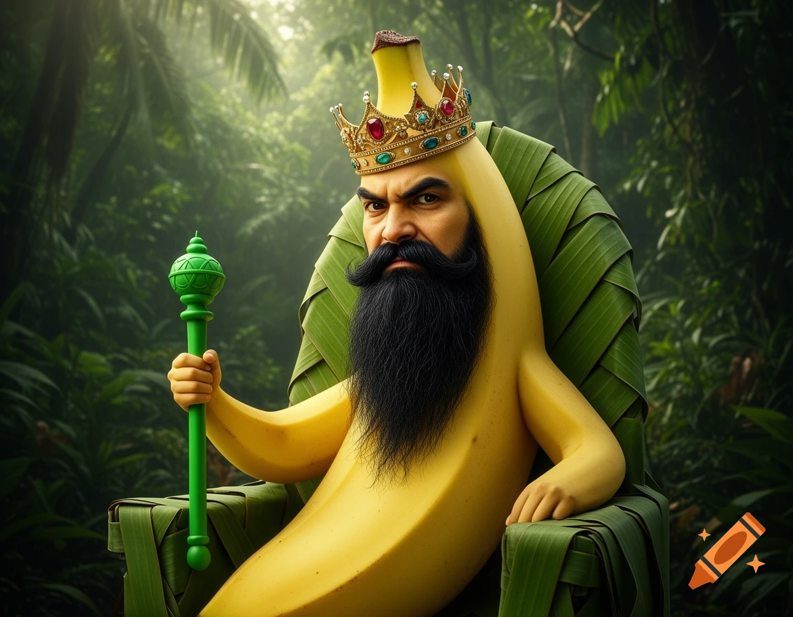 A photorealistic anthropomorphic banana king with a beard and crown sits on a banana leaf throne, holding a scepter in a tropical jungle.