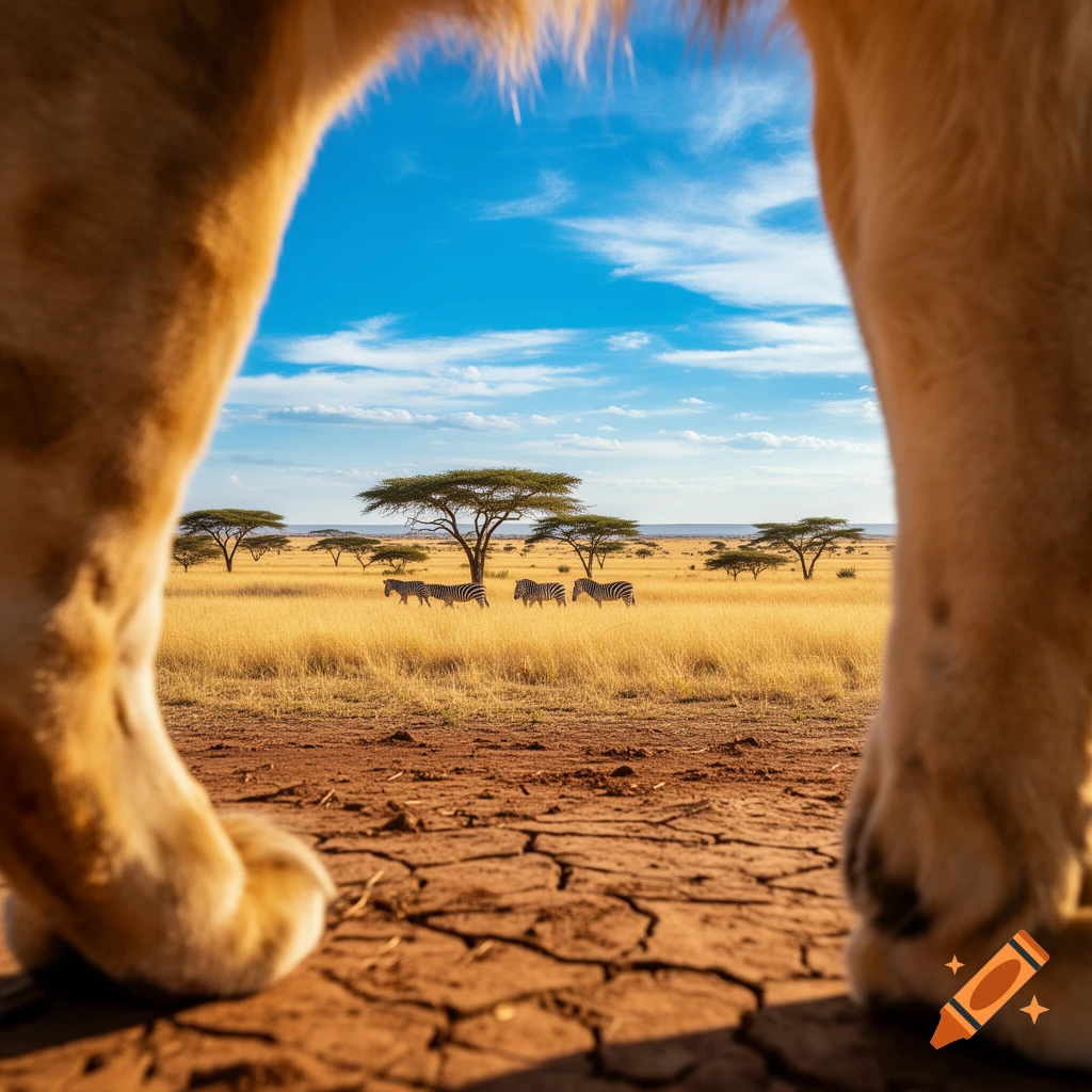 View from a lion's legs across a golden savanna with zebras and acacia trees under a bright blue sky.