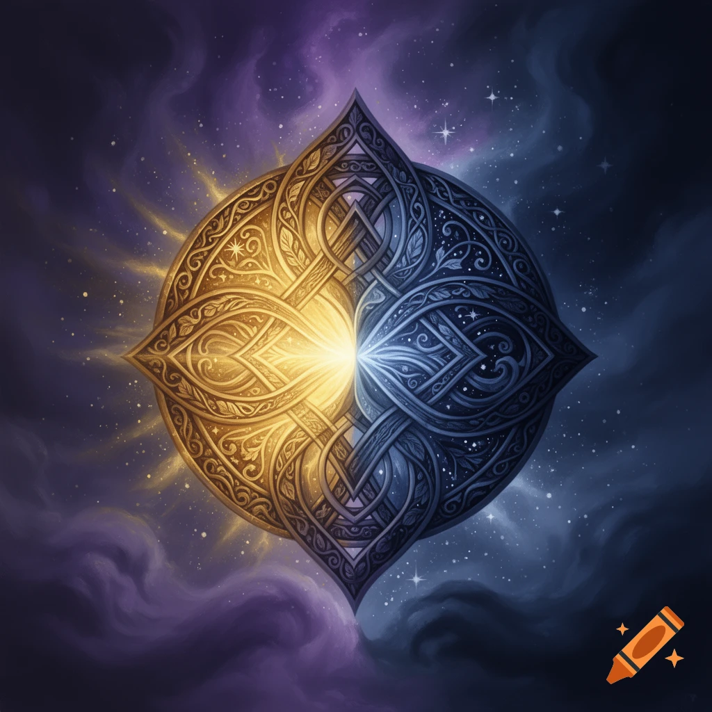 An intricate ancient symbol showing the balance of light and dark, with detailed golden patterns on the left and blue patterns on the right, set against a cosmic, starry background.