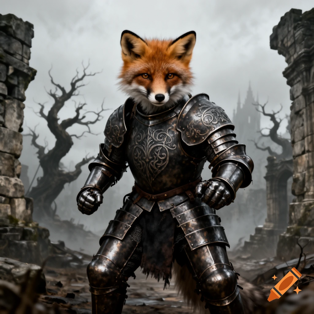 A fox-headed knight in detailed heavy armor stands in a ruined, misty landscape with dead trees and a distant dark castle.