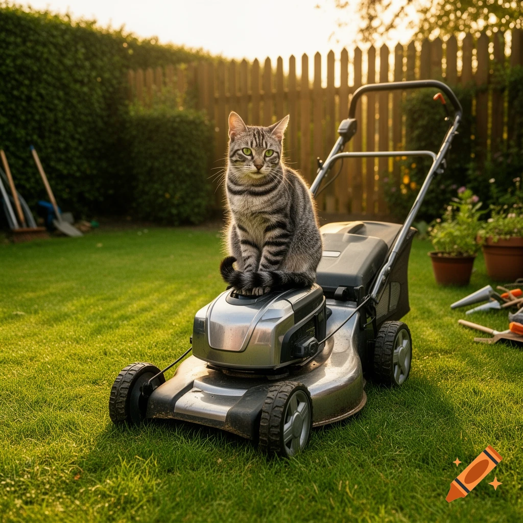 A tabby cat sits on a lawnmower in a sunny green backyard with a wooden fence and garden tools.