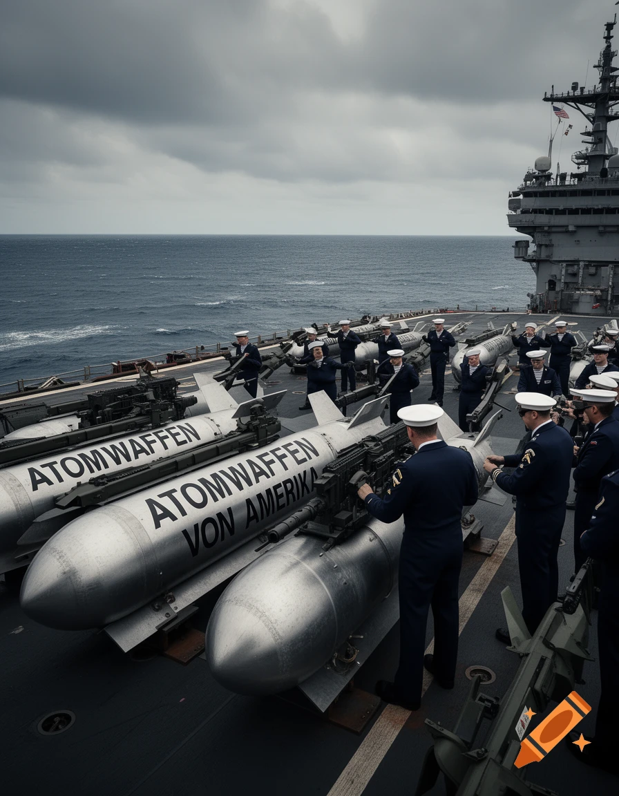 Photorealistic image of sailors on a ship's deck, inspecting large missiles labeled 'ATOMWAFFEN VON AMERIKA' under a cloudy sky.