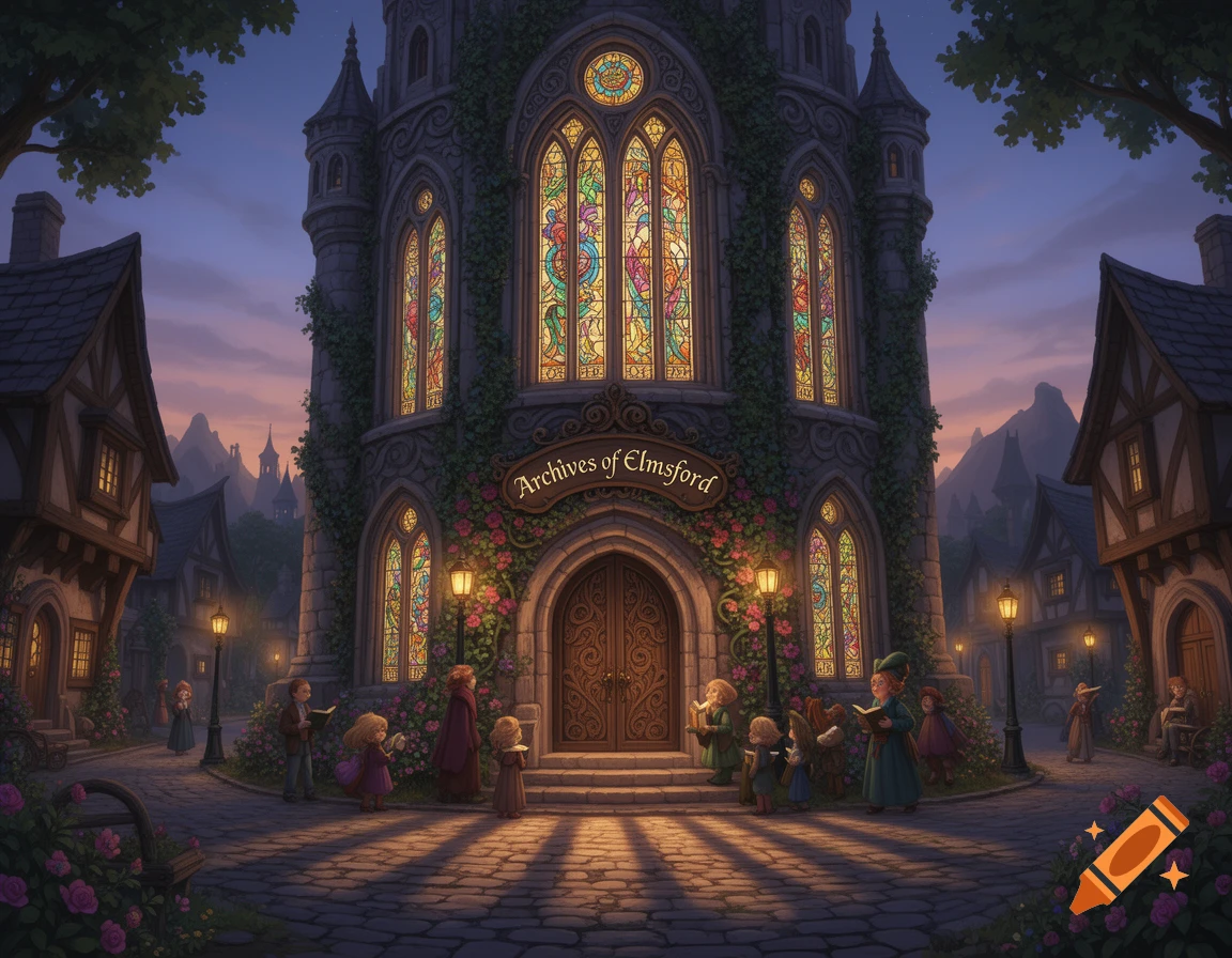 A majestic fantasy archives building at dusk, with glowing stained glass, vines, and people reading on a cobblestone street.