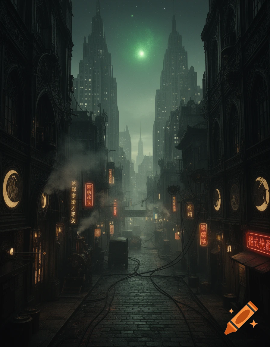 A dark, foggy dieselpunk city street with towering skyscrapers, glowing neon signs, and a green celestial body in the sky, in a gritty, ominous style.