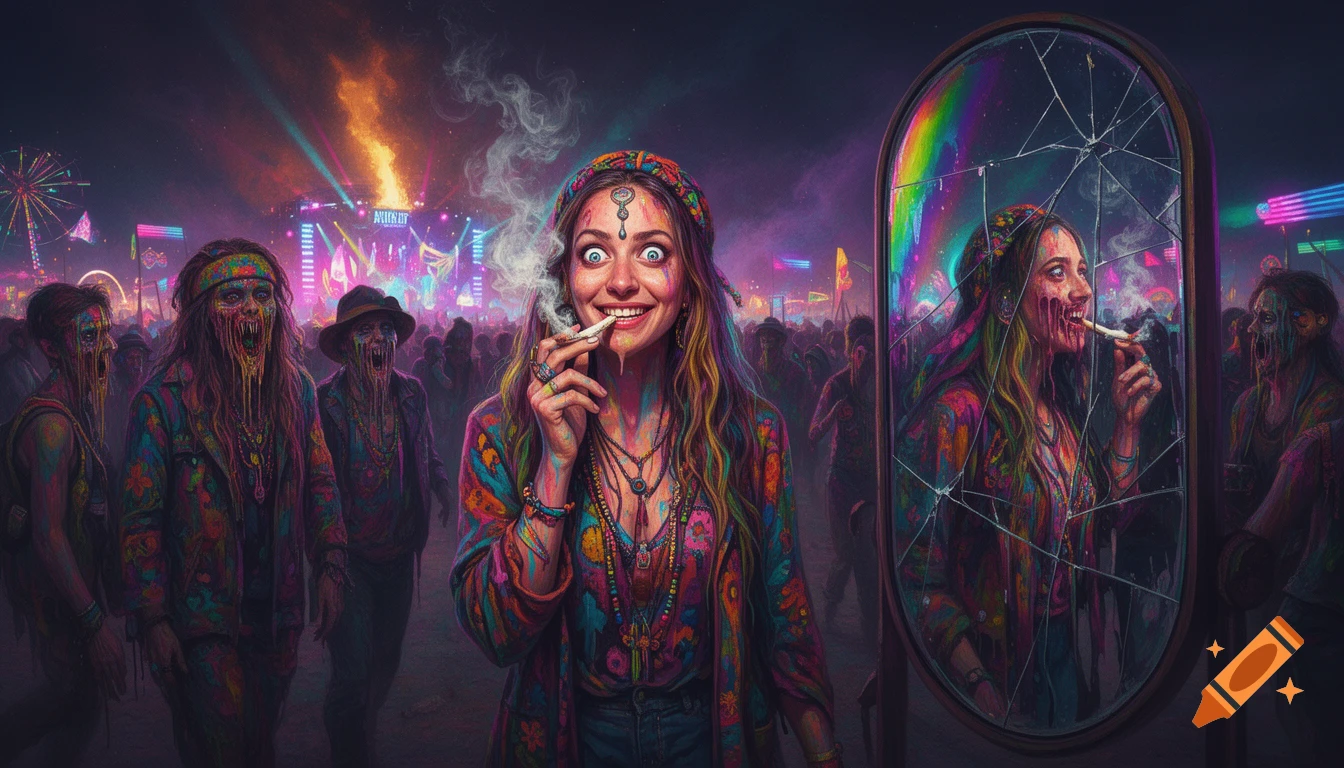 A smiling hippie girl smoking a joint at a neon-lit festival, surrounded by people with melting faces, her reflection in a cracked mirror shows a similar distorted face with dripping substance.