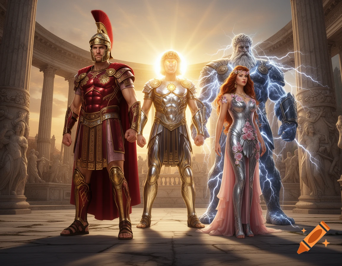 Three powerful figures, a Roman centurion, a glowing warrior, and a lightning-wielding giant with a goddess, stand in ancient ruins at sunset.
