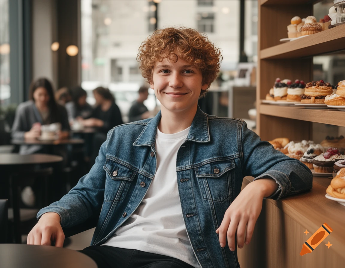 A smiling young man with curly red hair in a denim jacket sits in a cafe with pastries on shelves behind him.