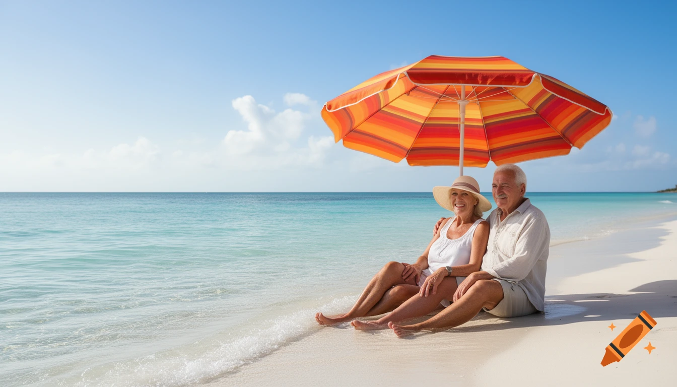 Smiling retired couple sits under a colorful parasol on a sunny beach with feet in the ocean.