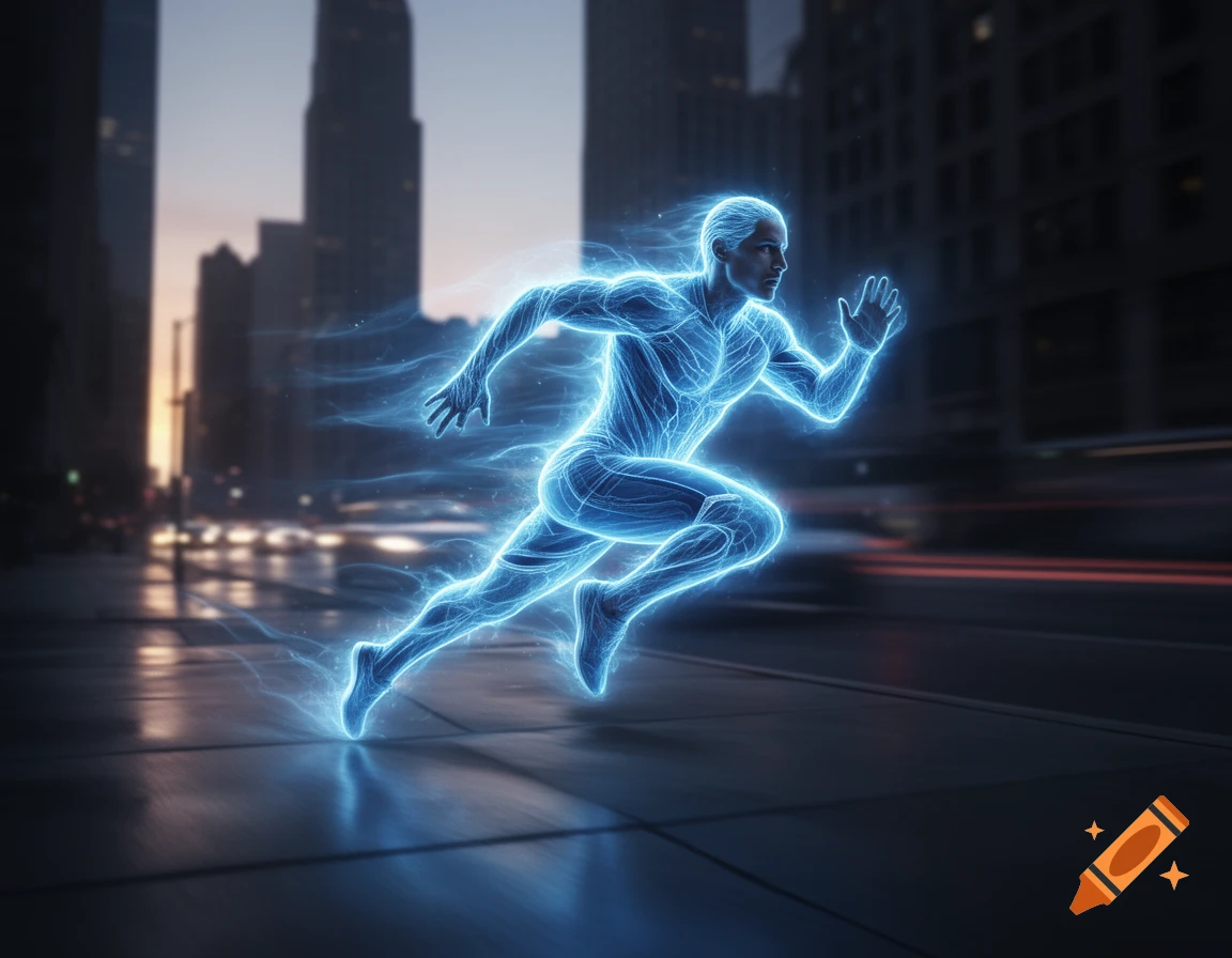 A blue glowing figure with energy trails runs at high speed through a blurred city street at dusk, evoking a superpower.