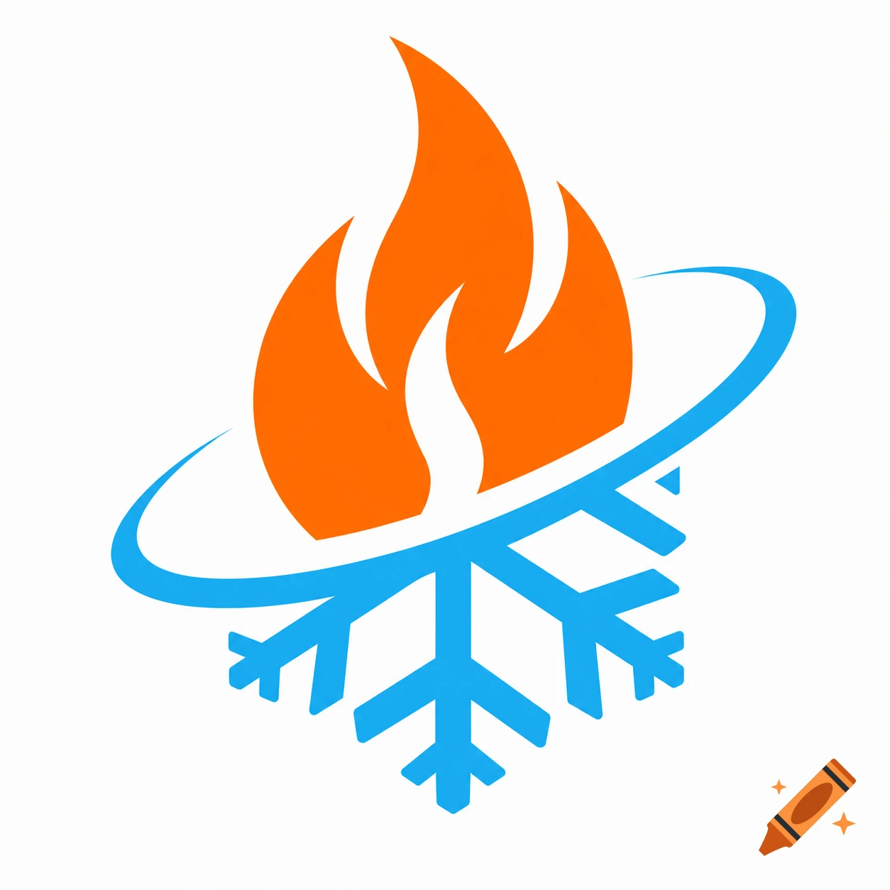 HVAC logo with an orange flame, a sky blue snowflake, and a blue orbital ring on a white background in vector style.