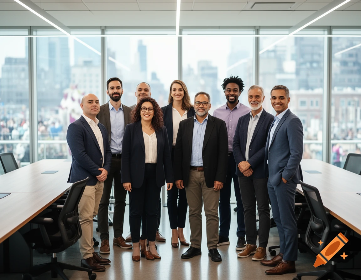 A diverse team of business professionals standing in a modern office conference room with city views.