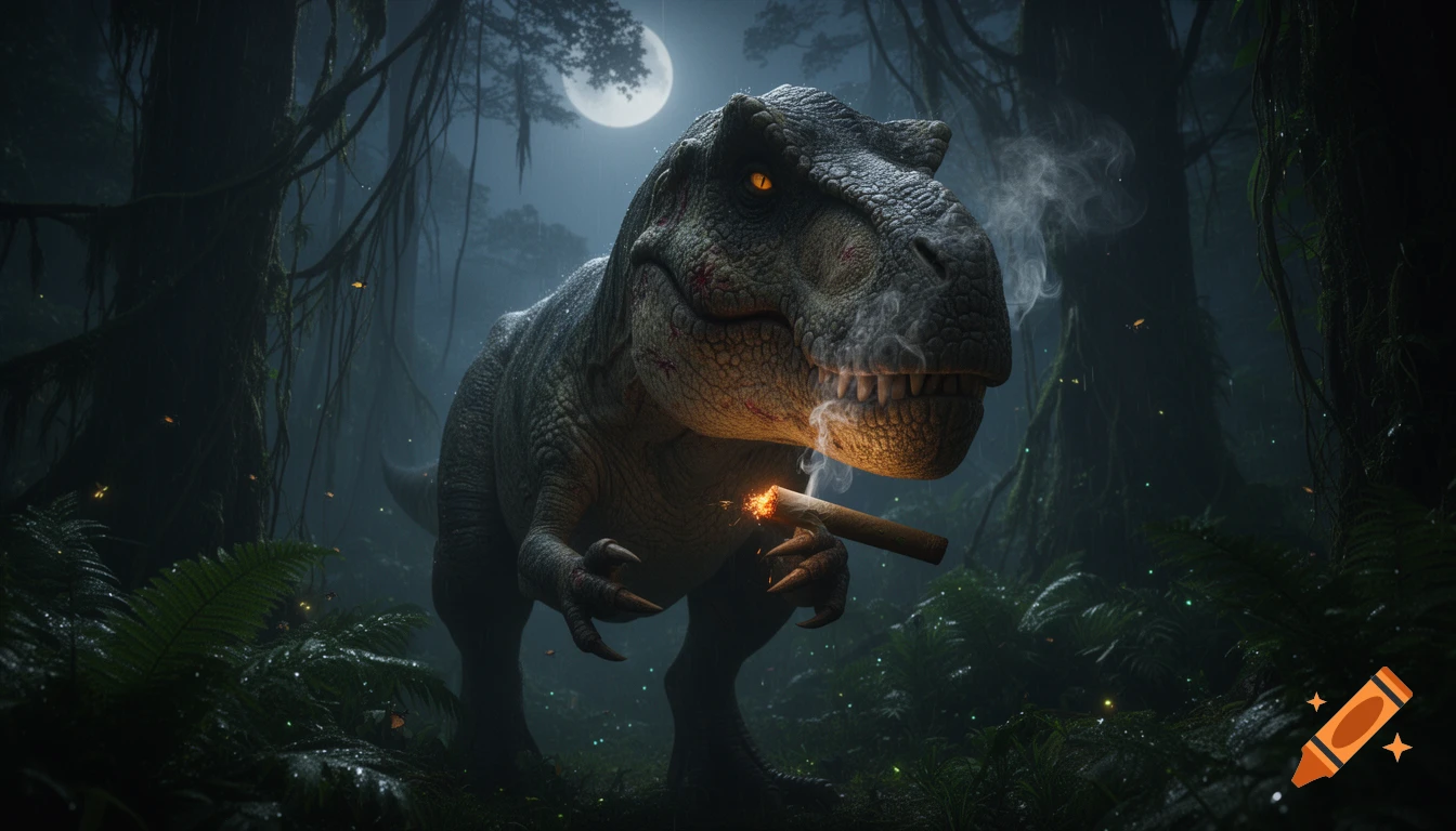 A hyper-realistic Tyrannosaurus rex stands in a misty prehistoric jungle at night, smoking a lit blunt under a full moon.