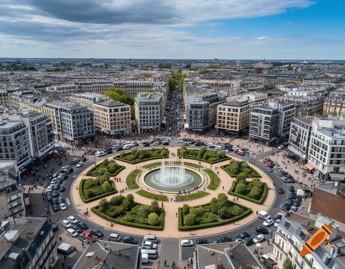 Aerial view of a bustling city roundabout with a central fountain, surrounded by multi-story buildings and streets filled with cars and people.