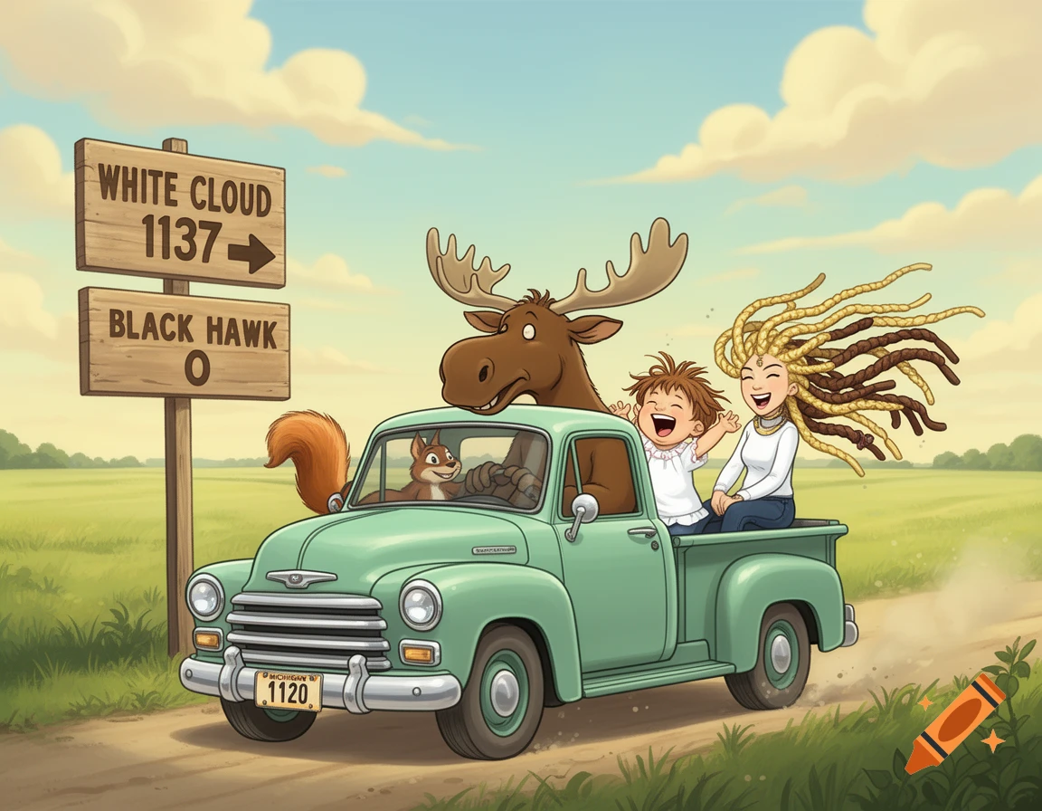 A cartoon moose drives a vintage green pickup truck with a squirrel, a laughing toddler, and a woman with dreadlocks in the back, passing a road sign for White Cloud and Black Hawk.