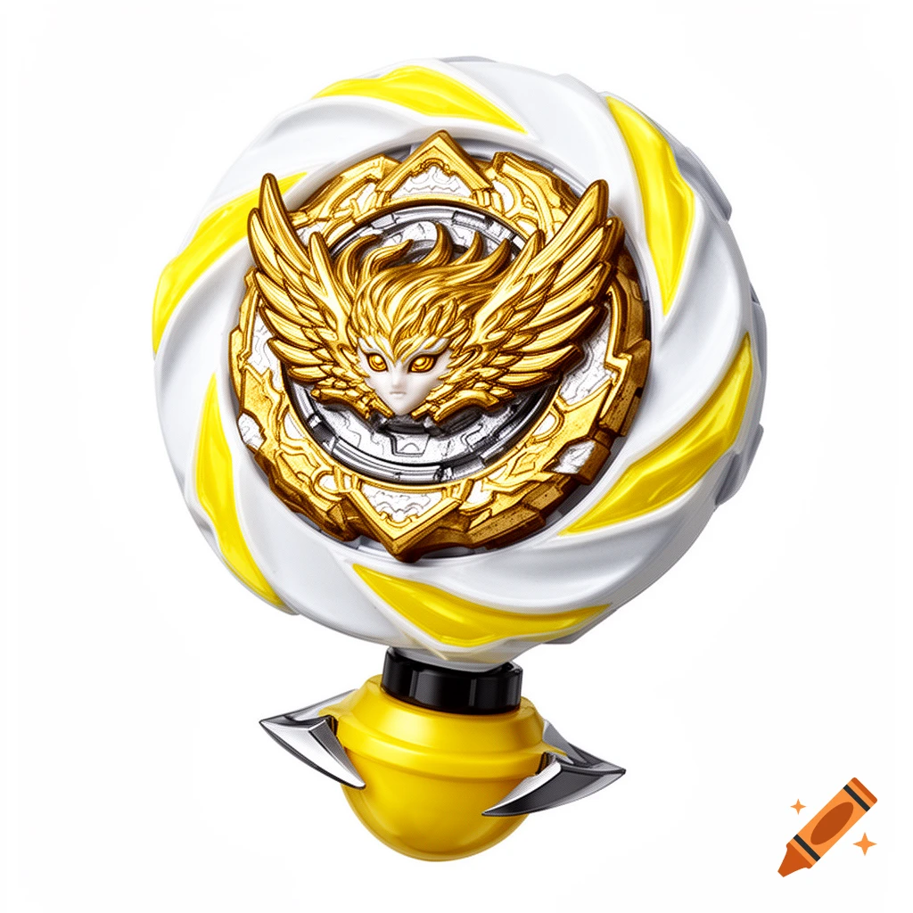 A white and yellow Beyblade toy with a golden winged angelic face in the center, and a yellow performance tip with two blades.