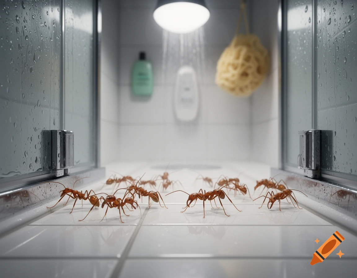 Photorealistic image of several soldier ants on a white tiled shower floor, with a blurry shower head and wet glass doors in the background.