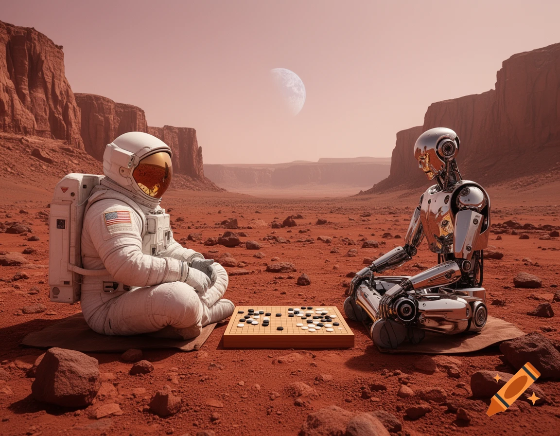 A photorealistic image of an astronaut and a shiny robot playing Go on the red, rocky surface of Mars, with a large moon in the sky.
