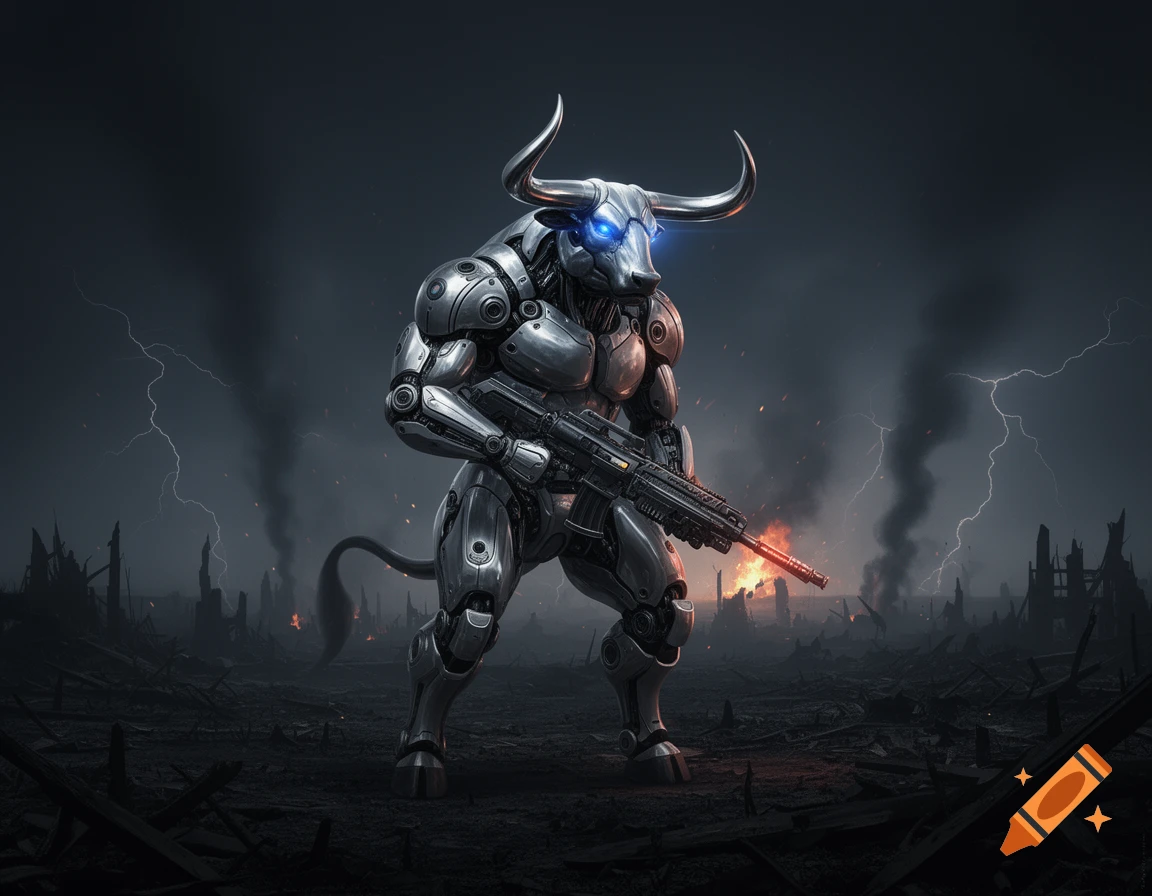 A photorealistic robot minotaur with glowing blue eyes holds a rifle in a dark, lightning-struck battlefield with smoke.