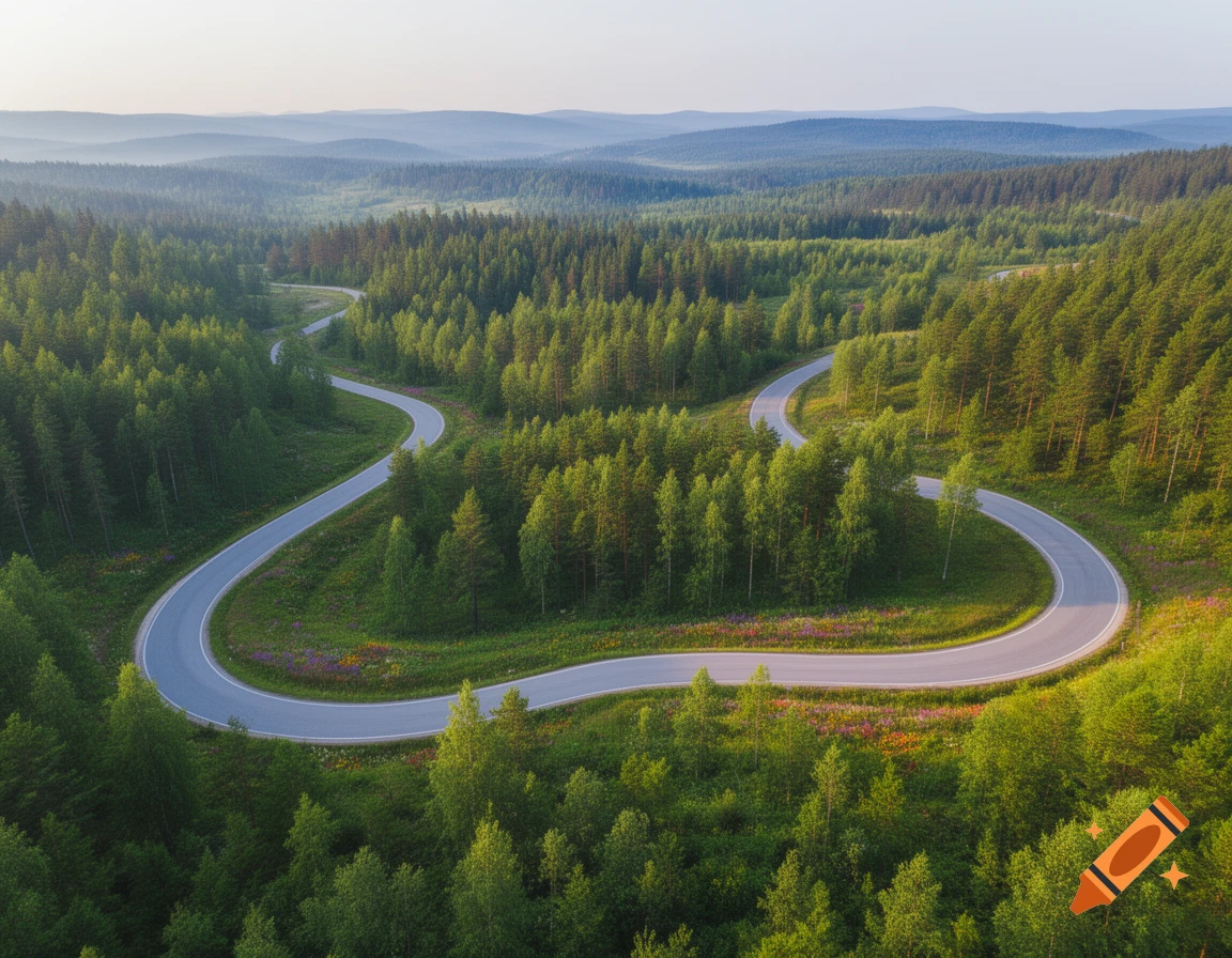 Aerial view of a winding road snaking through a lush green forest with distant hazy mountains.