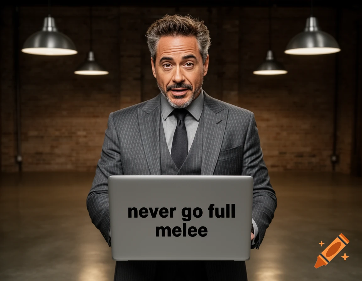 Robert Downey Jr. in a suit holding a laptop with 'never go full melee' on the screen.