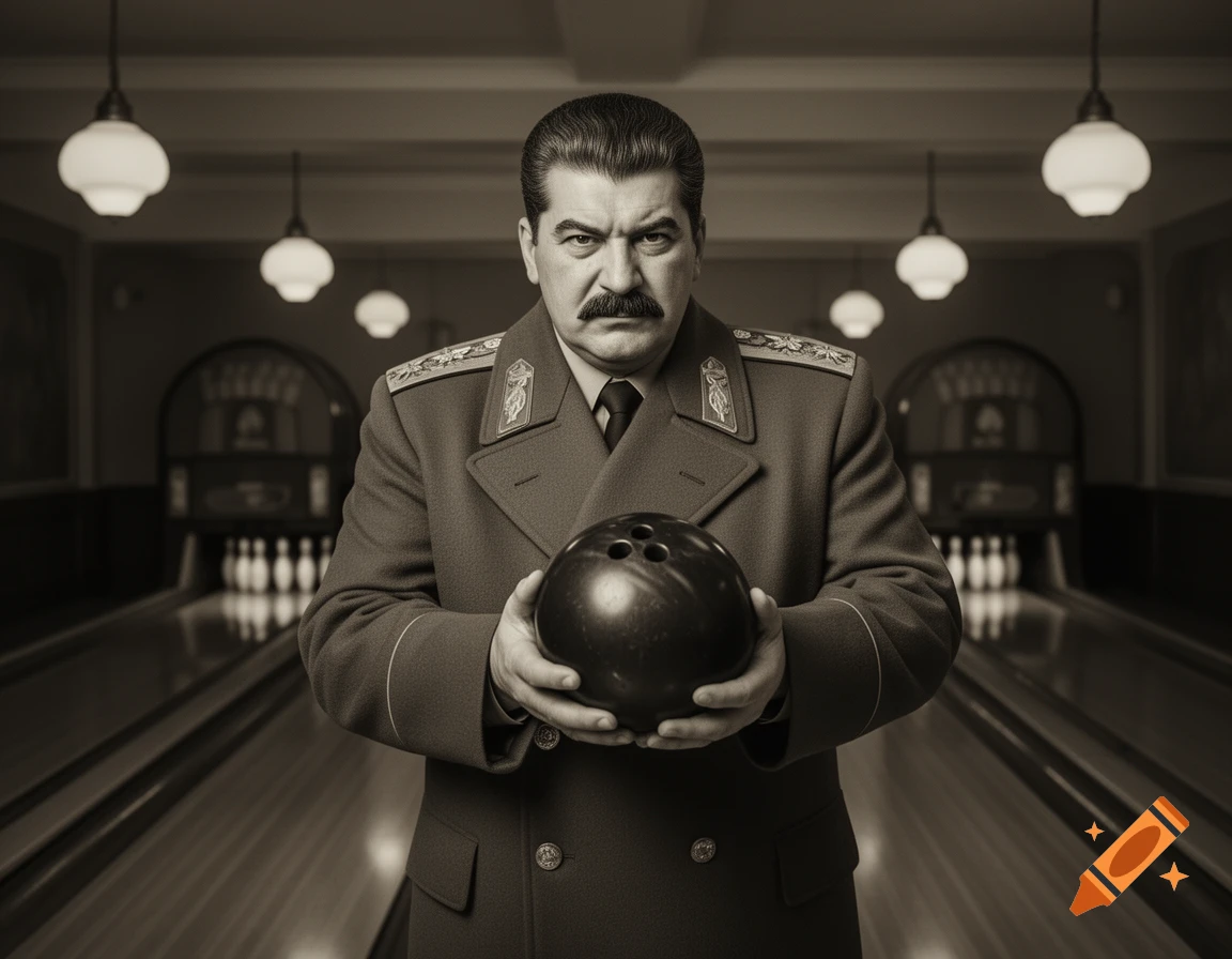 Sepia-toned photorealistic portrait of Joseph Stalin in uniform, holding a bowling ball in a bowling alley.