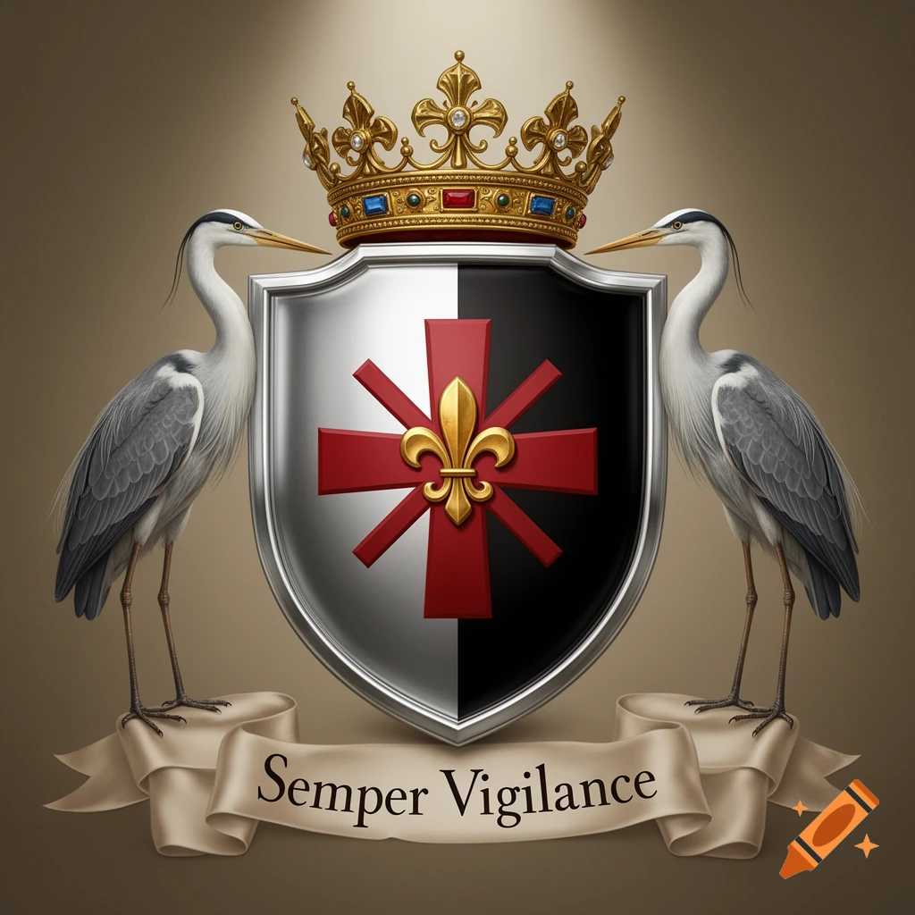 A stylized coat of arms featuring a golden crown above a shield divided silver and black, with a red cross bearing a golden fleur-de-lis. Two grey herons support the shield, standing on a banner inscribed with 'Semper Vigilance'.