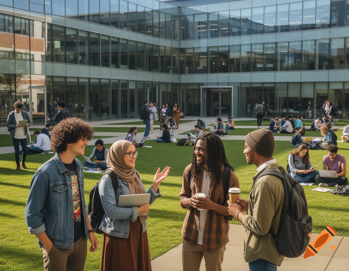 Diverse students talking and relaxing on a sunny university campus lawn with a modern glass building in the background, photorealistic.
