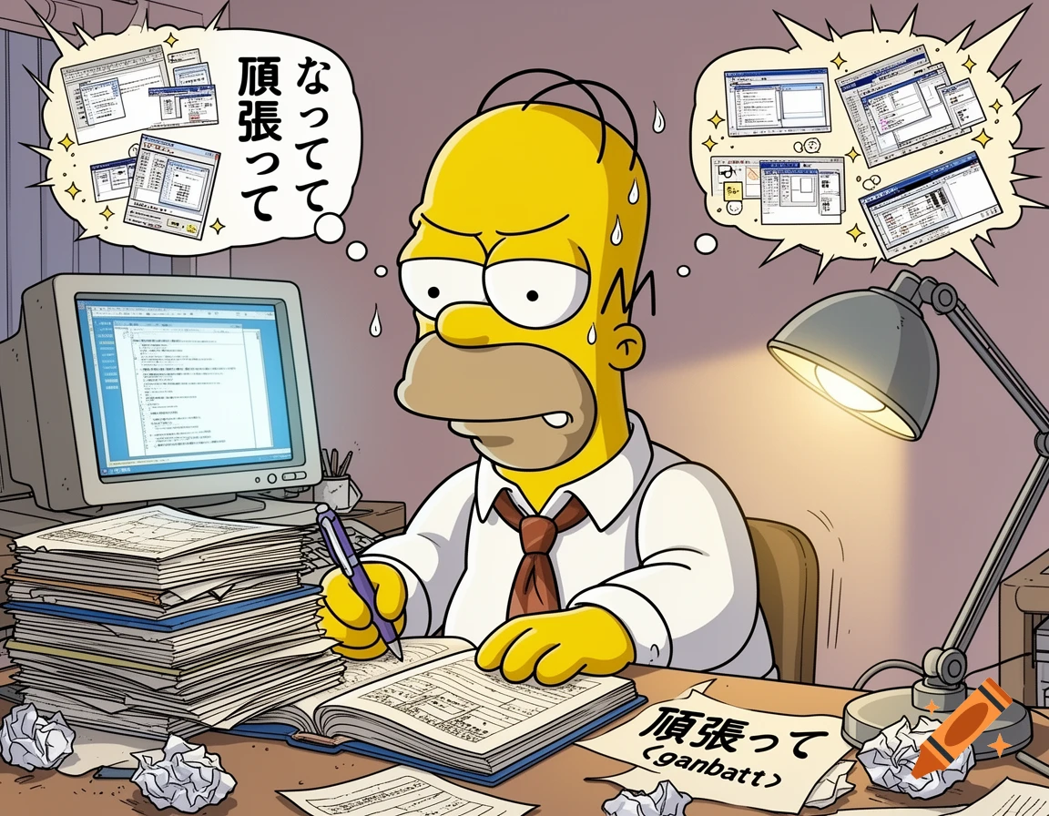 Homer Simpson in manga style, looking stressed, studying at a desk piled with papers and a computer, with Japanese text in thought bubbles.