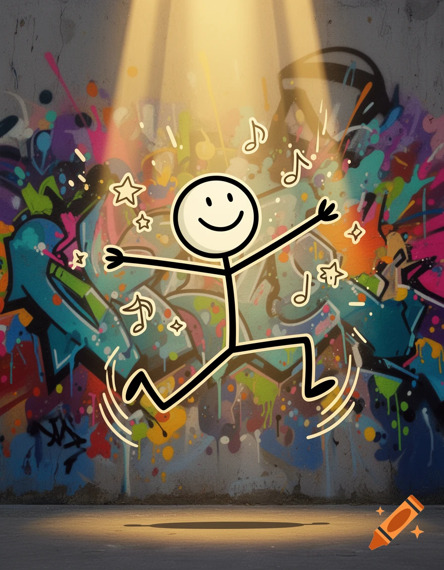 A happy cartoon stickman dances joyfully under a spotlight against a vibrant, colorful graffiti wall, surrounded by music notes and stars.