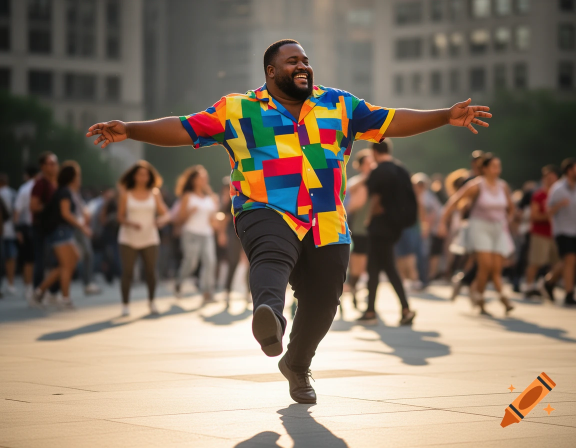 A joyous man in a vibrant, multi-colored shirt dancing in a sunlit city square, surrounded by blurred people.