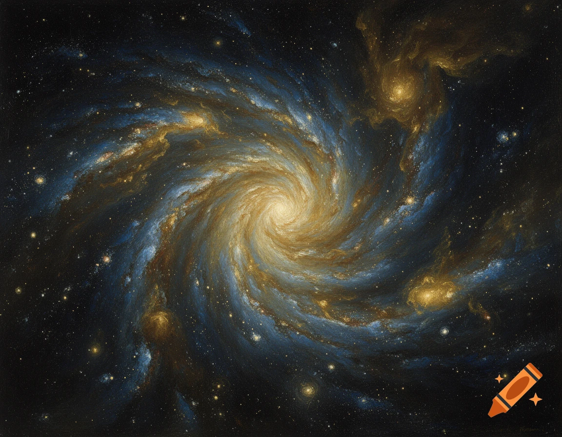 A vibrant spiral galaxy with blue and golden swirling arms against a dark, star-filled background, in a painted style.