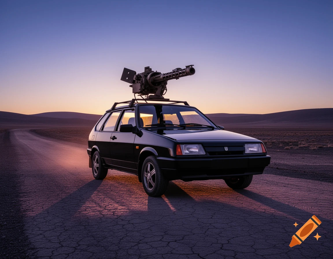 A black Lada Samara car with a minigun mounted on its roof, on a cracked desert road at sunset.