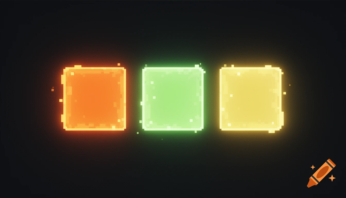Three glowing, pixelated neon squares in orange, light green, and yellow on a dark background.