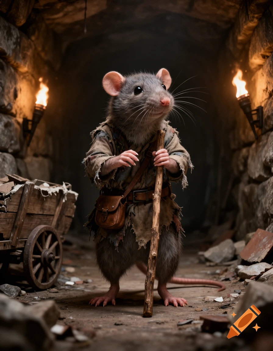 Photorealistic anthropomorphic rat dressed in rags, holding a staff, stands in a torch-lit stone dungeon with a cart.