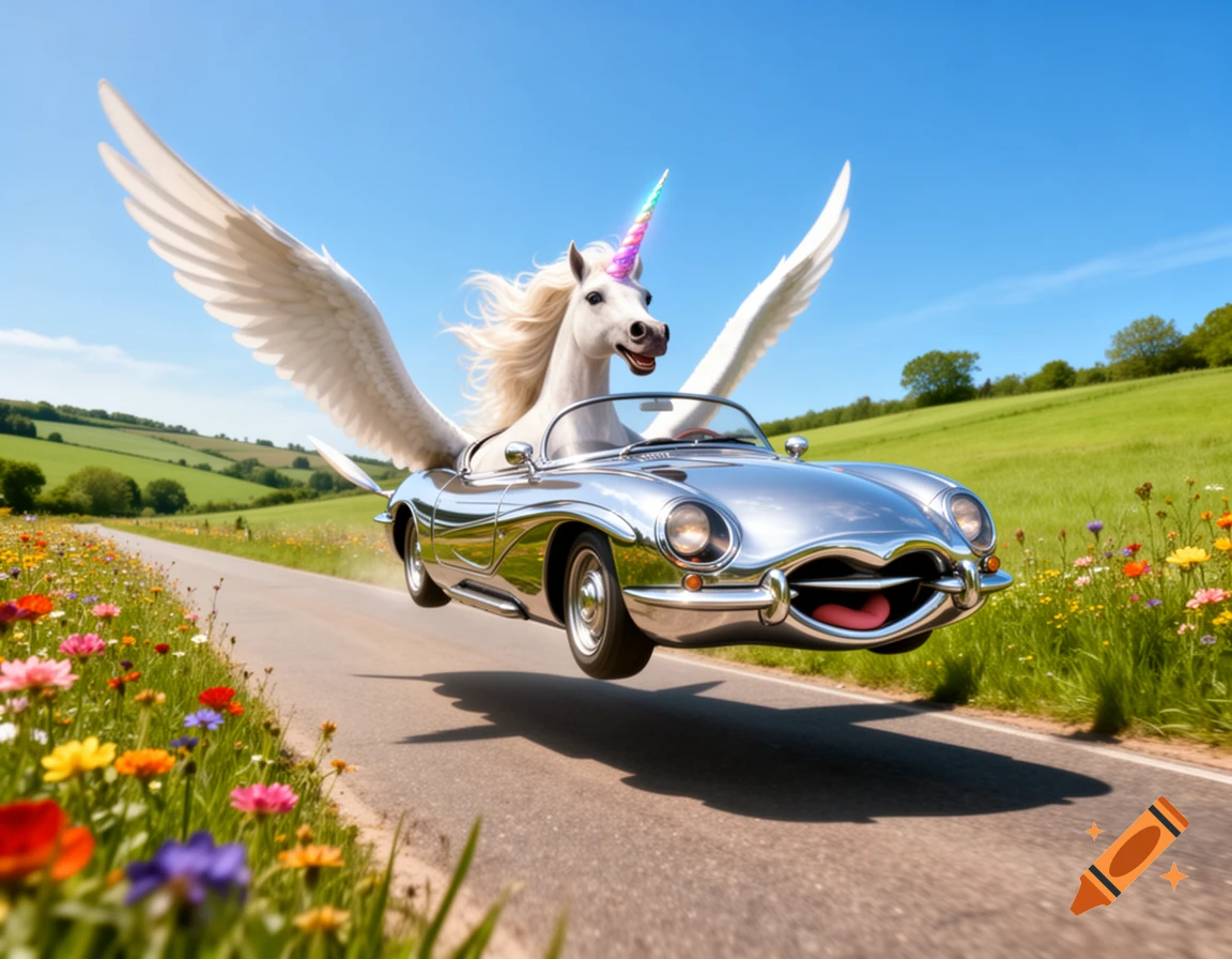 A white unicorn with a rainbow horn and wings drives a silver laughing convertible car, flying over a sunny country road lined with colorful wildflowers.