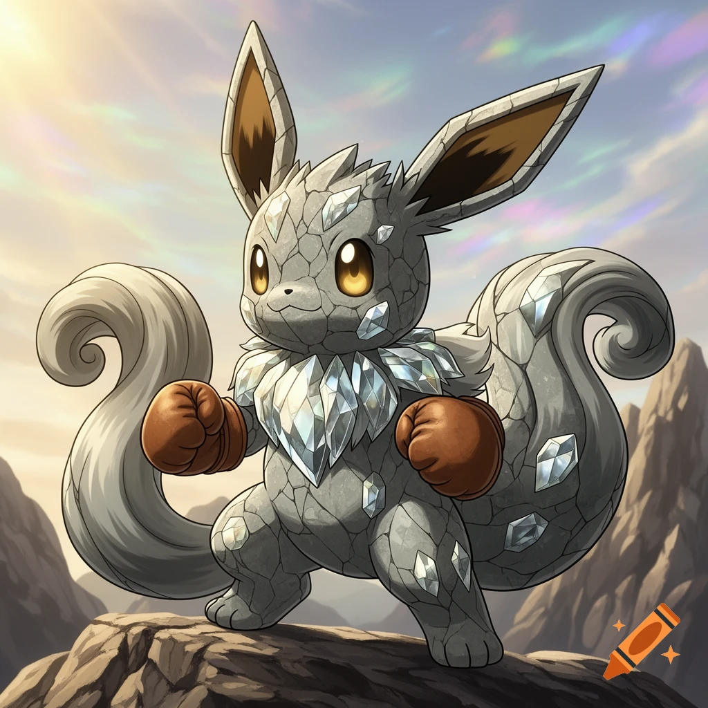A stone-textured Eevee-like Pokemon with shiny crystal shards and brown boxing gloves, standing on a rocky mountain against a pastel sky.