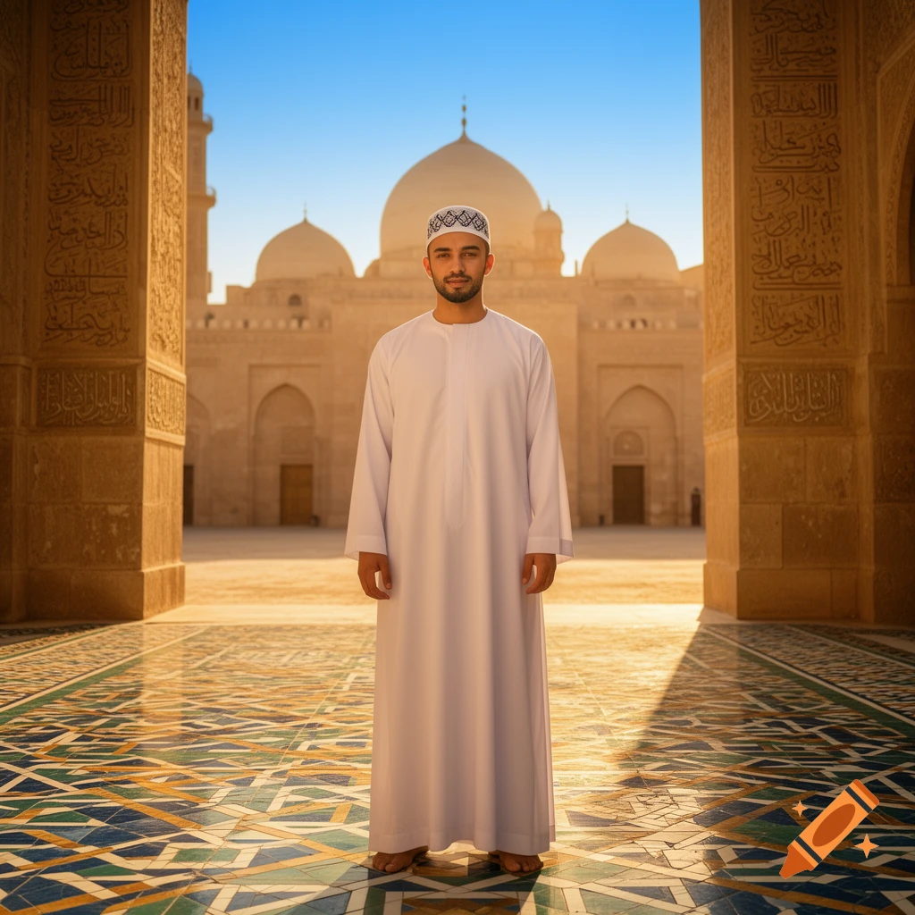 A man in traditional white attire and cap stands in the courtyard of a mosque with ornate pillars and tiled floor, under a clear sky.