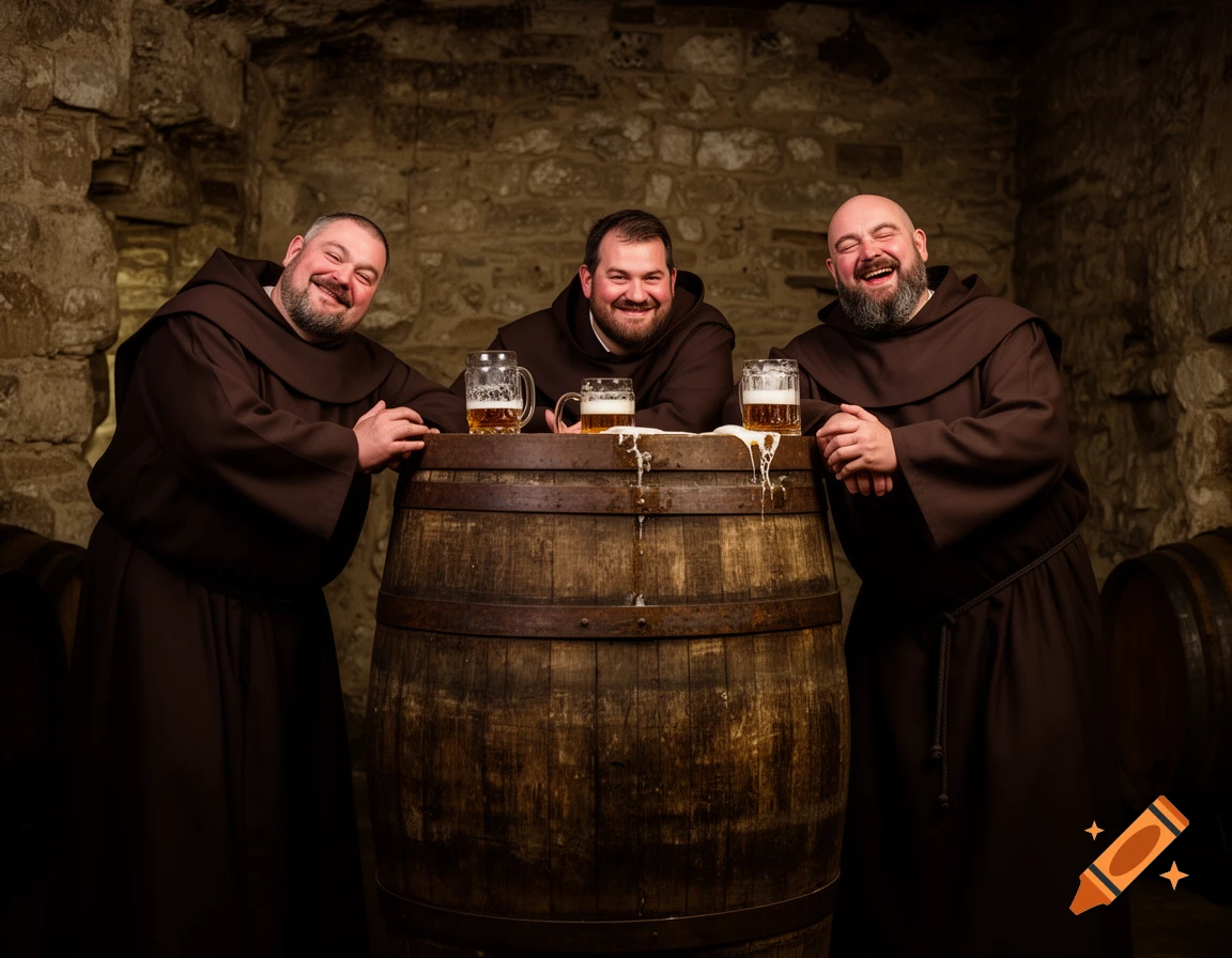 Three jolly monks in dark habits lean on a wooden beer barrel in a rustic stone cellar, holding beer steins and laughing, photorealistic.