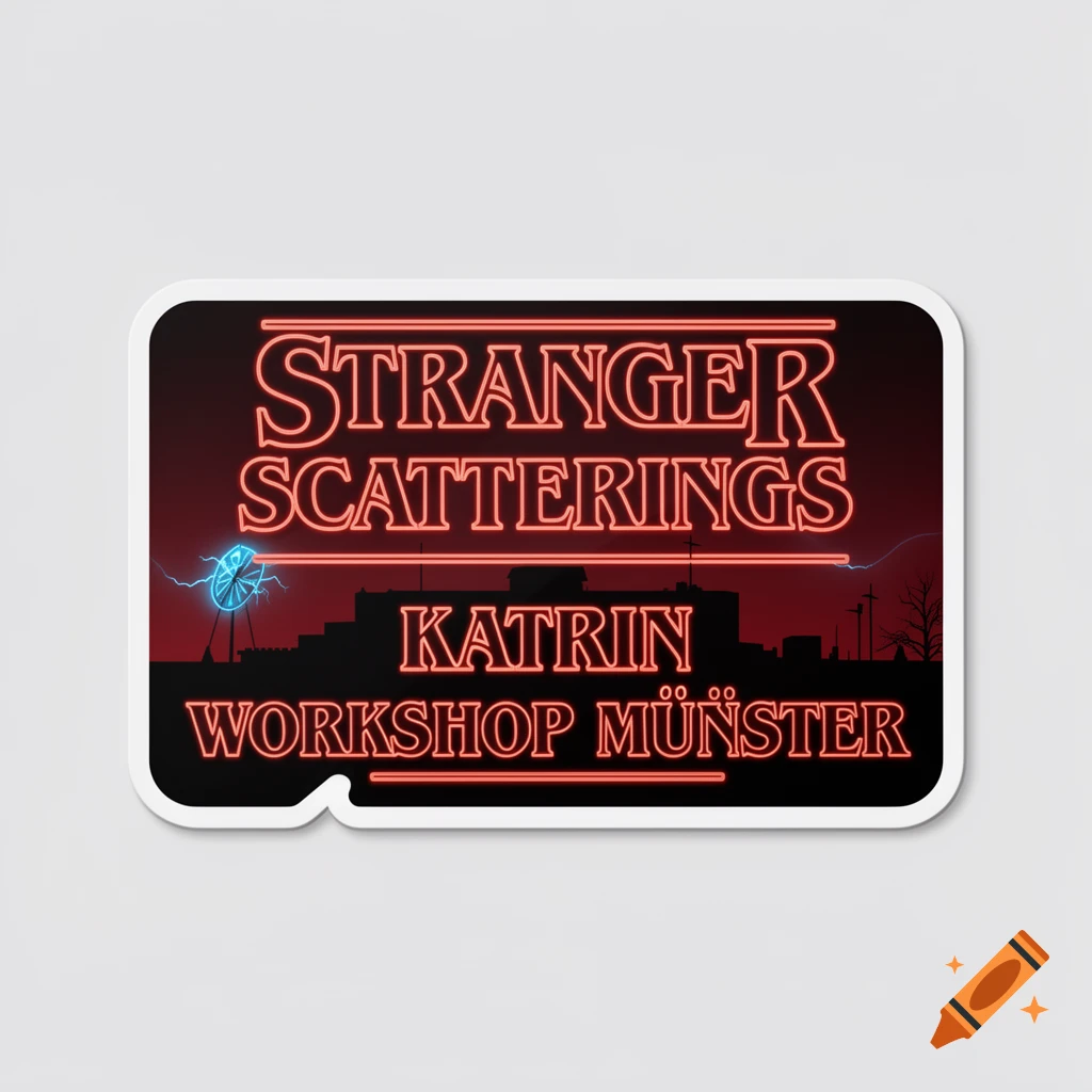 A rectangular sticker with rounded corners features neon red text: 'STRANGER SCATTERINGS' above 'KATRIN' and 'WORKSHOP MÜNSTER', set against a dark cityscape silhouette with a blue electric sphere.