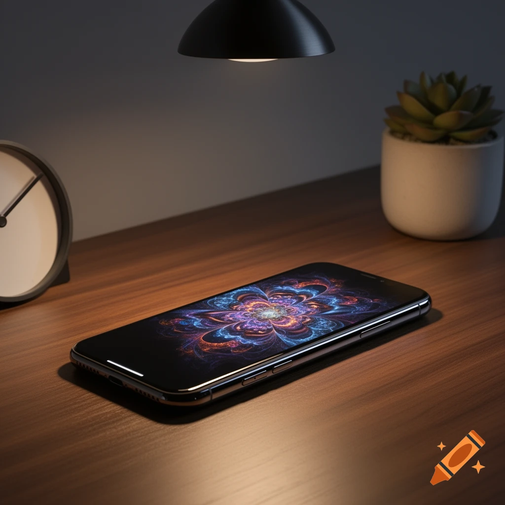 A photorealistic image of a smartphone displaying an abstract fractal flower, lying on a wooden desk next to a lamp, clock, and a small potted plant.