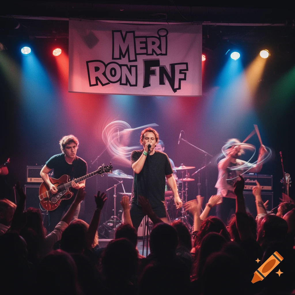 A band performs live on stage under colorful spotlights, with a crowd of people cheering and raising their hands.